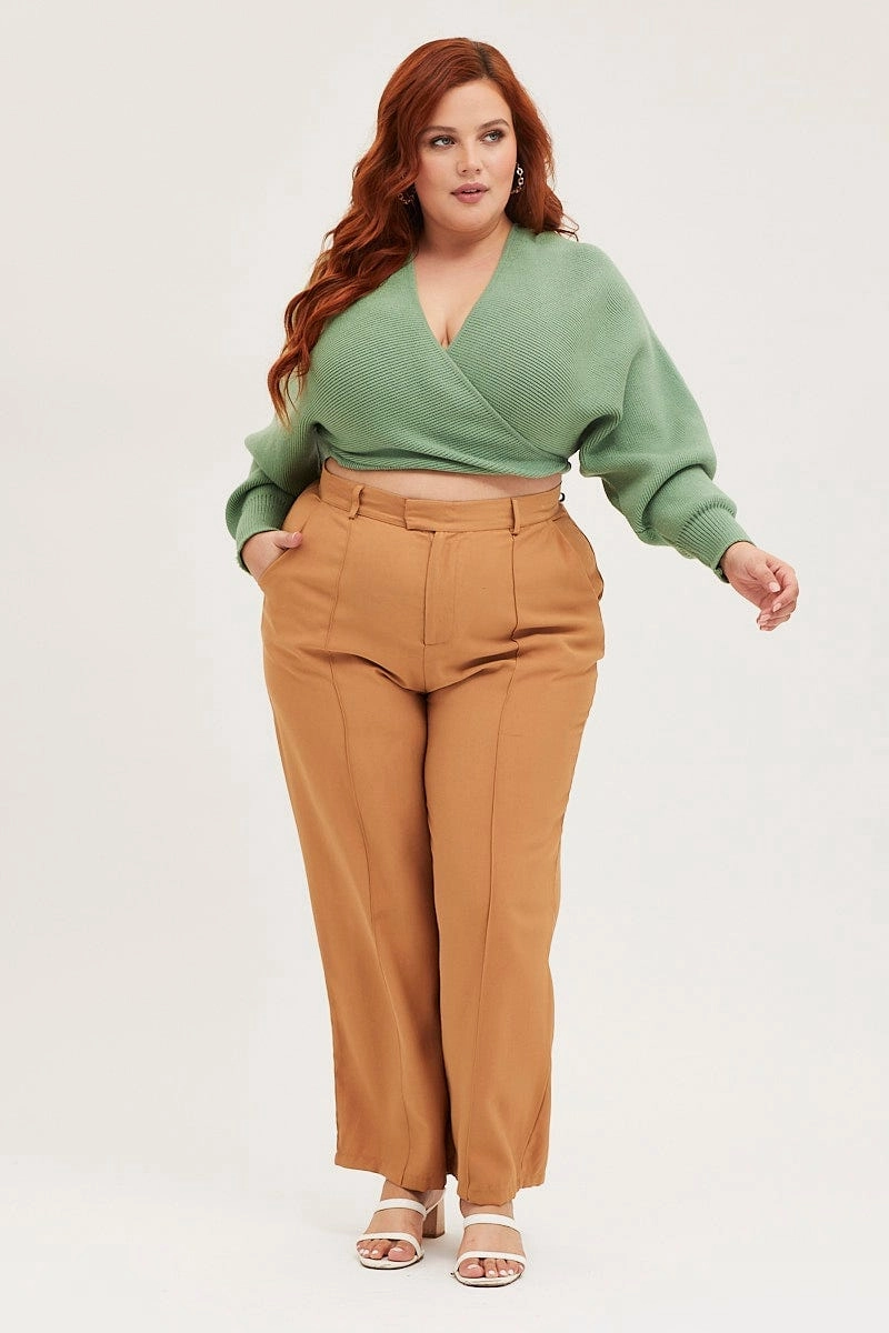Brown Wide Leg Pants High Rise Seam Front WaterRepellent