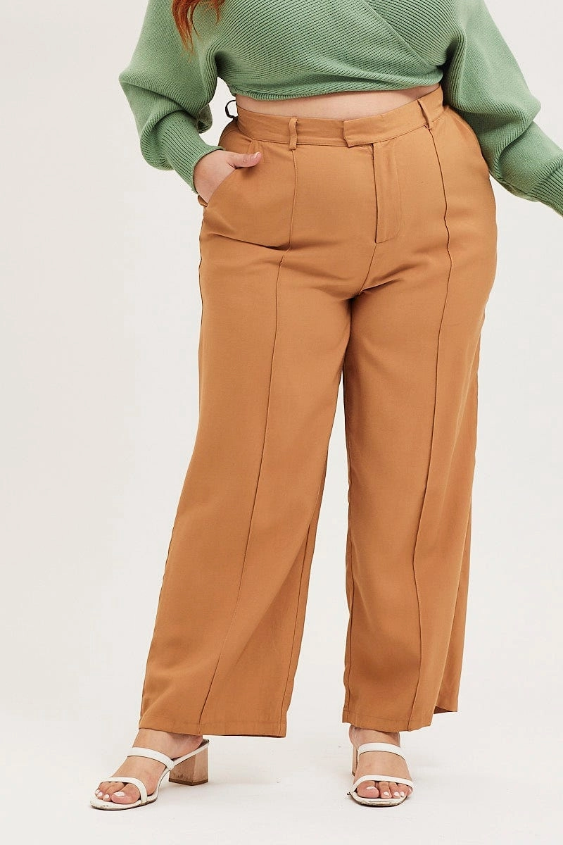 City Ready Organic Cotton Blend Brown Wide Leg Pants High Rise Seam Front