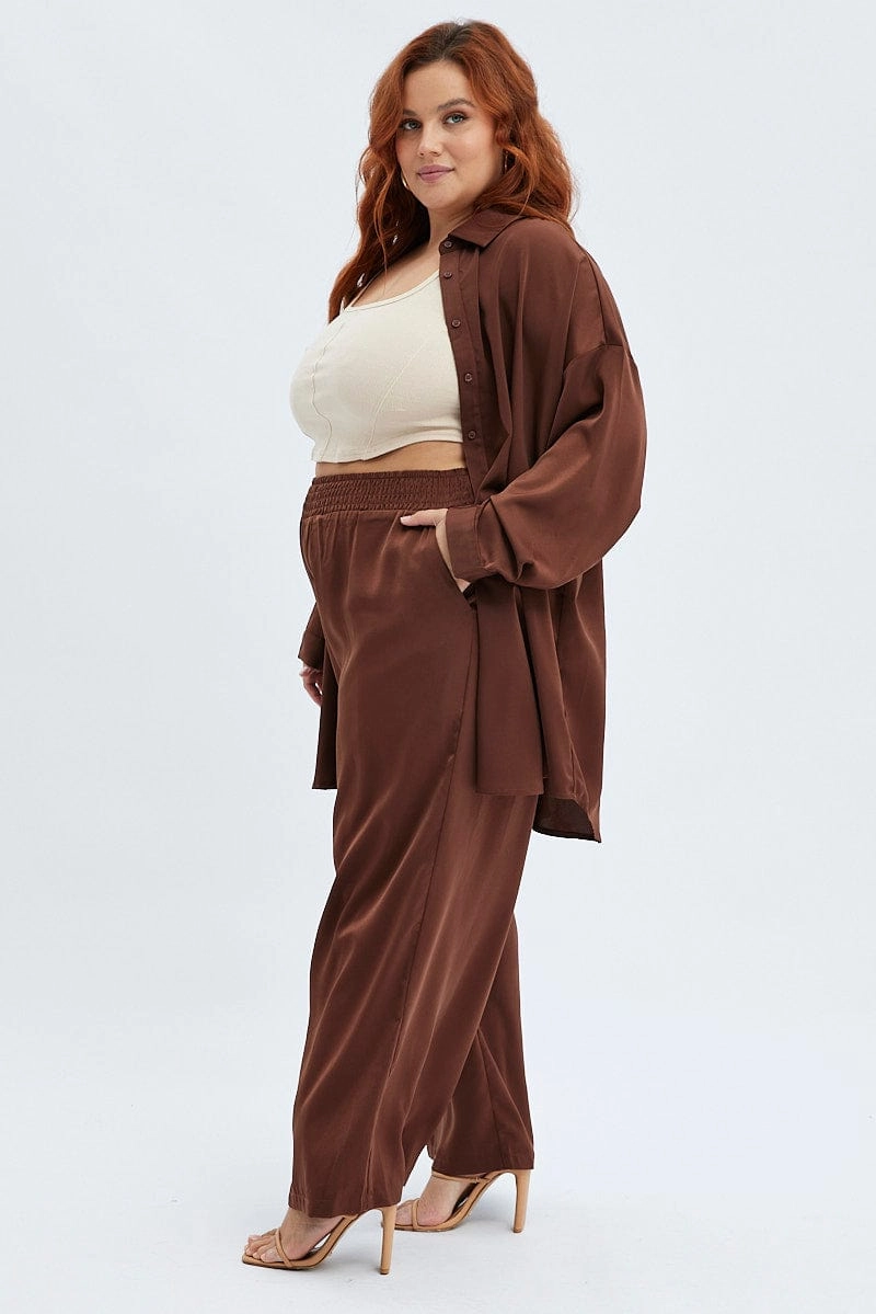 Brown Wideleg Pants Satin Shirred Waist Pockets Bonded Seam Technology Classy Fit