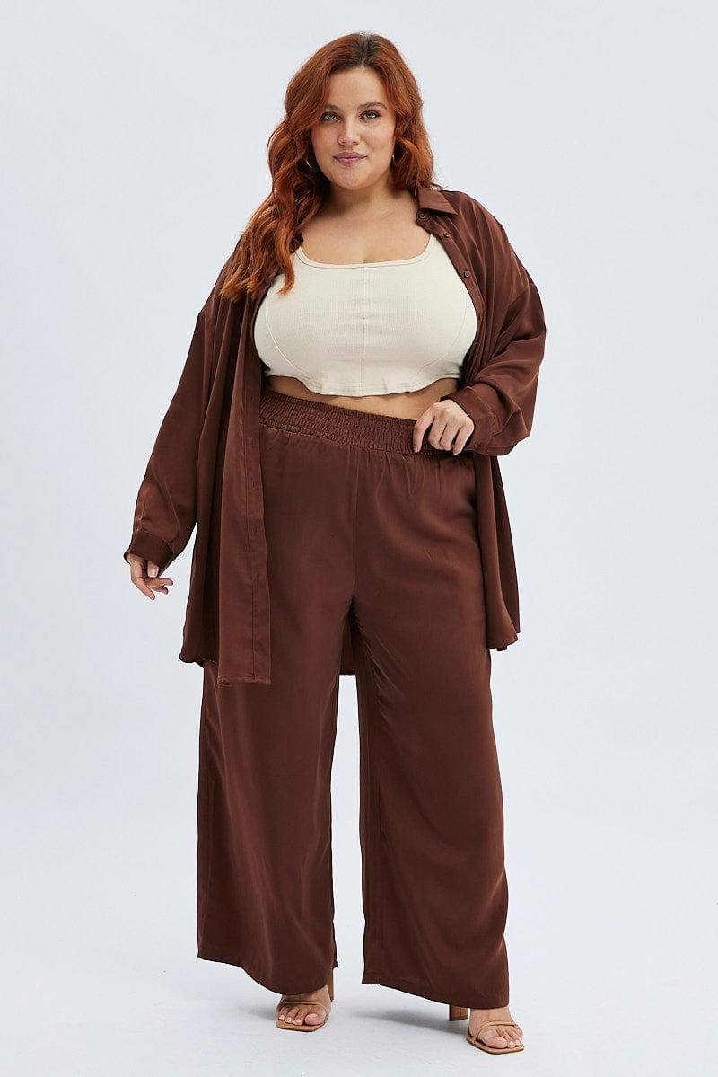 Basic Stretch Daily Comfort Fit Brown Wideleg Pants Satin Shirred Waist Pockets