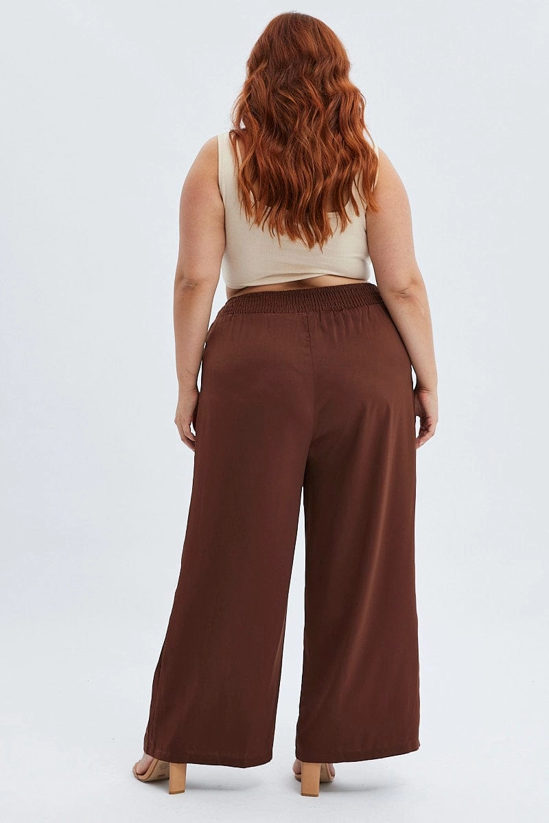 Pull-on style Brown Wideleg Pants Satin Shirred Waist Pockets