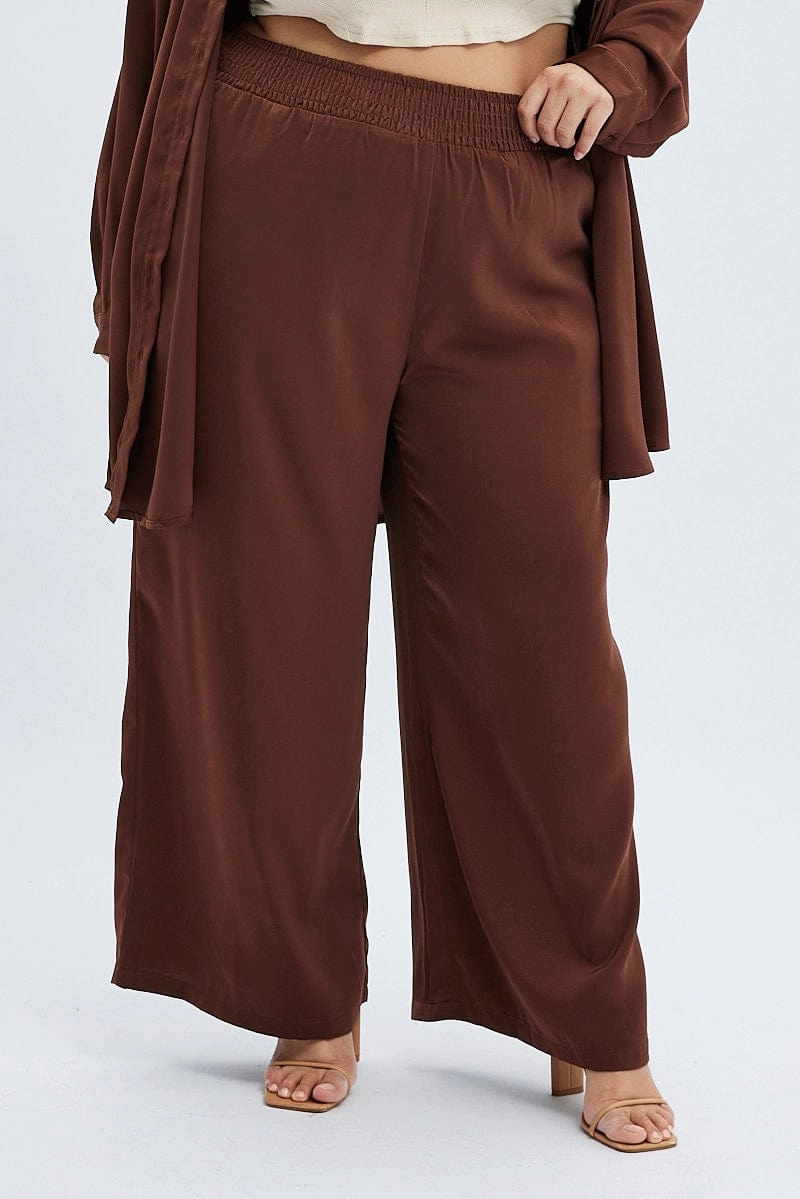 Brown Wideleg Pants Satin Shirred Waist Pockets Casual Movement