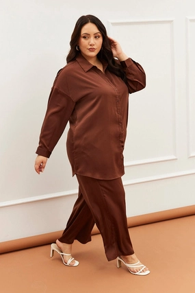 AbrasionGuardTape Brown Wideleg Pants Satin Shirred Waist Pockets