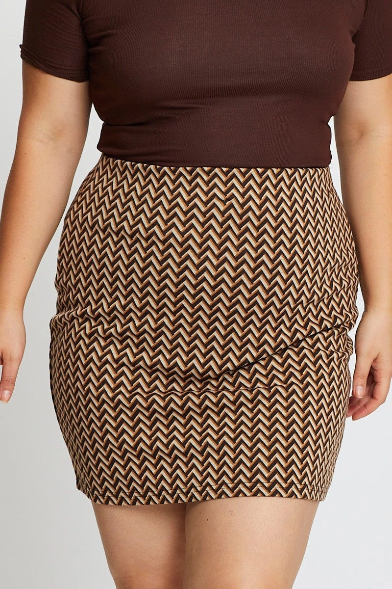 Roll Up Fasten Brown Zig Zag Print Mini Skirt