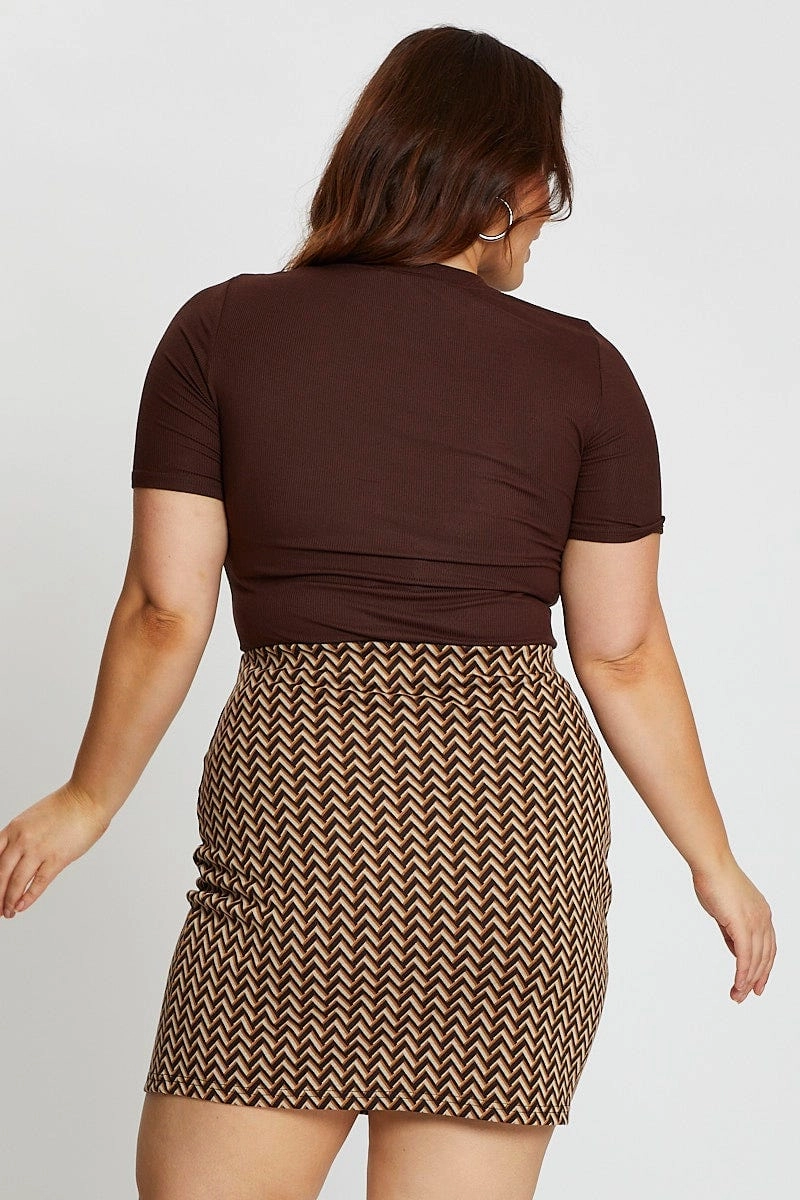 Elegant Feel Brown Zig Zag Print Mini Skirt