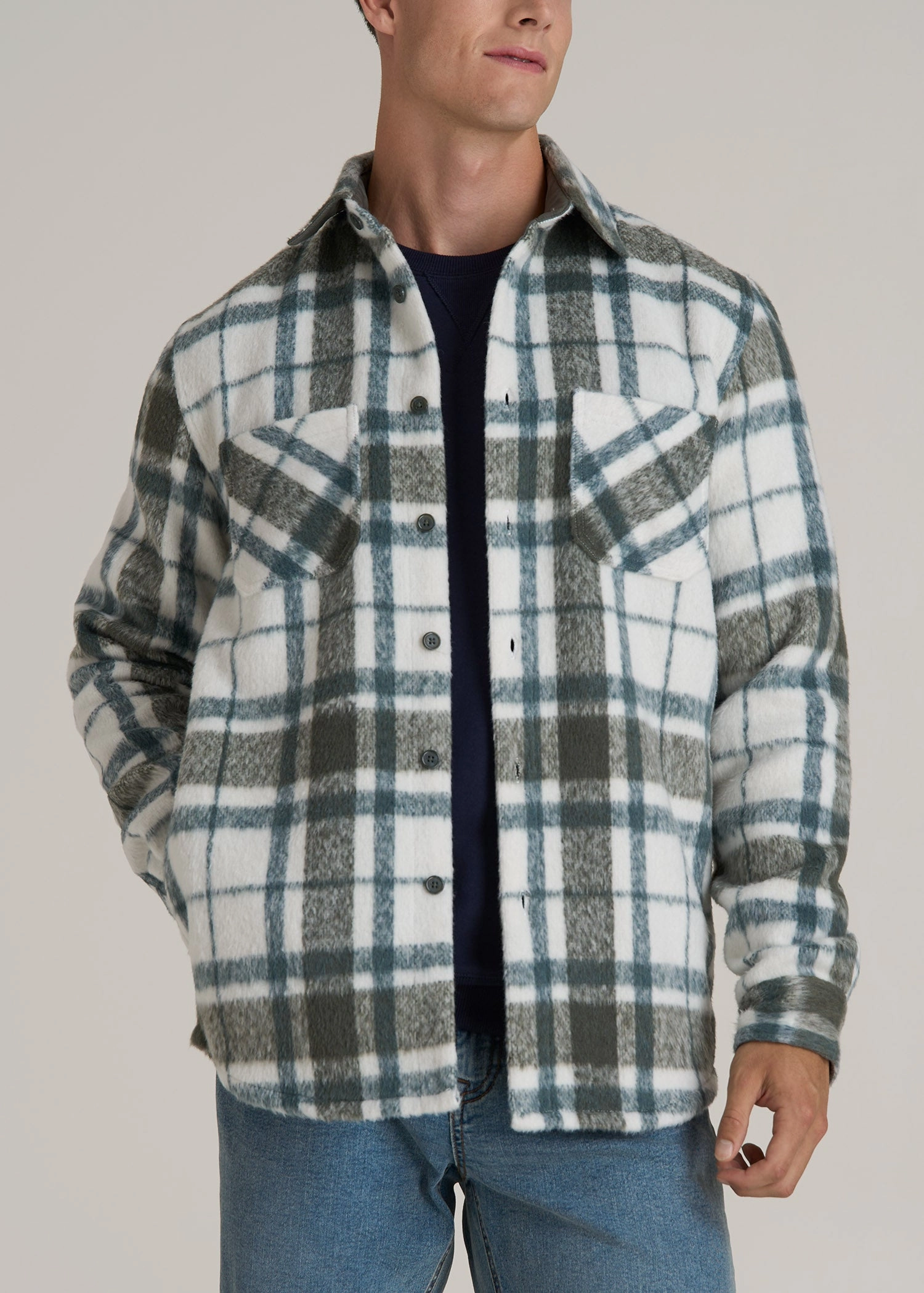 Quick Dry Blend UniversalFit Brushed Flannel Overshirt for Tall Men in Ecru and Green Plaid