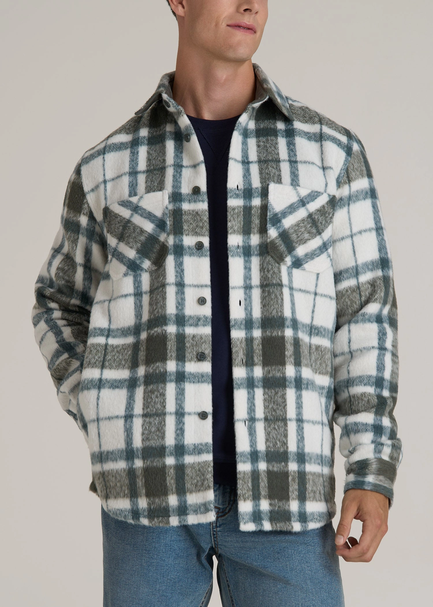 Button Down Collar Brushed Flannel Overshirt for Tall Men in Ecru and Green Plaid