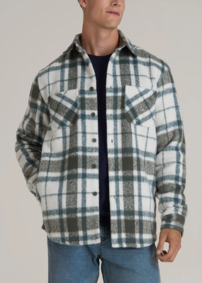 Button Down Collar Brushed Flannel Overshirt for Tall Men in Ecru and Green Plaid