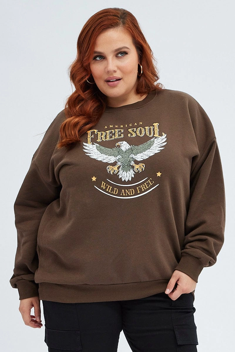 Brown Oversized Sweater Free Soul Graphic Long Sleeve comfortable for sitting Active Wear