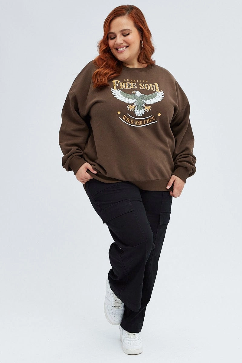 Brown Oversized Sweater Free Soul Graphic Long Sleeve product semi formal grace