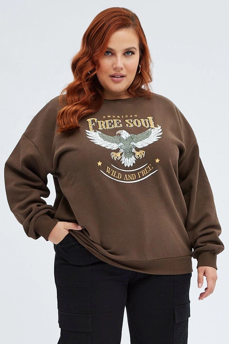 Chill Clothing product group cohesion Brown Oversized Sweater Free Soul Graphic Long Sleeve