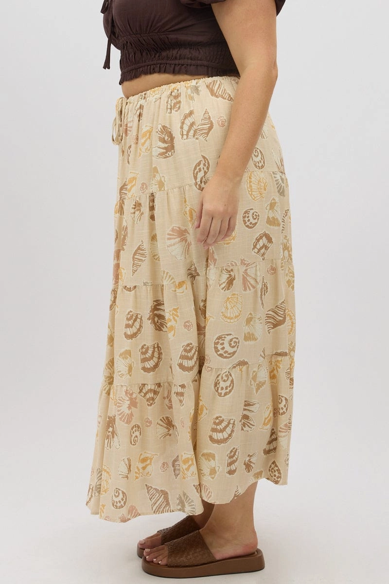 Beige Abstract Tiered Tie Waist Maxiskirt Fresh Style