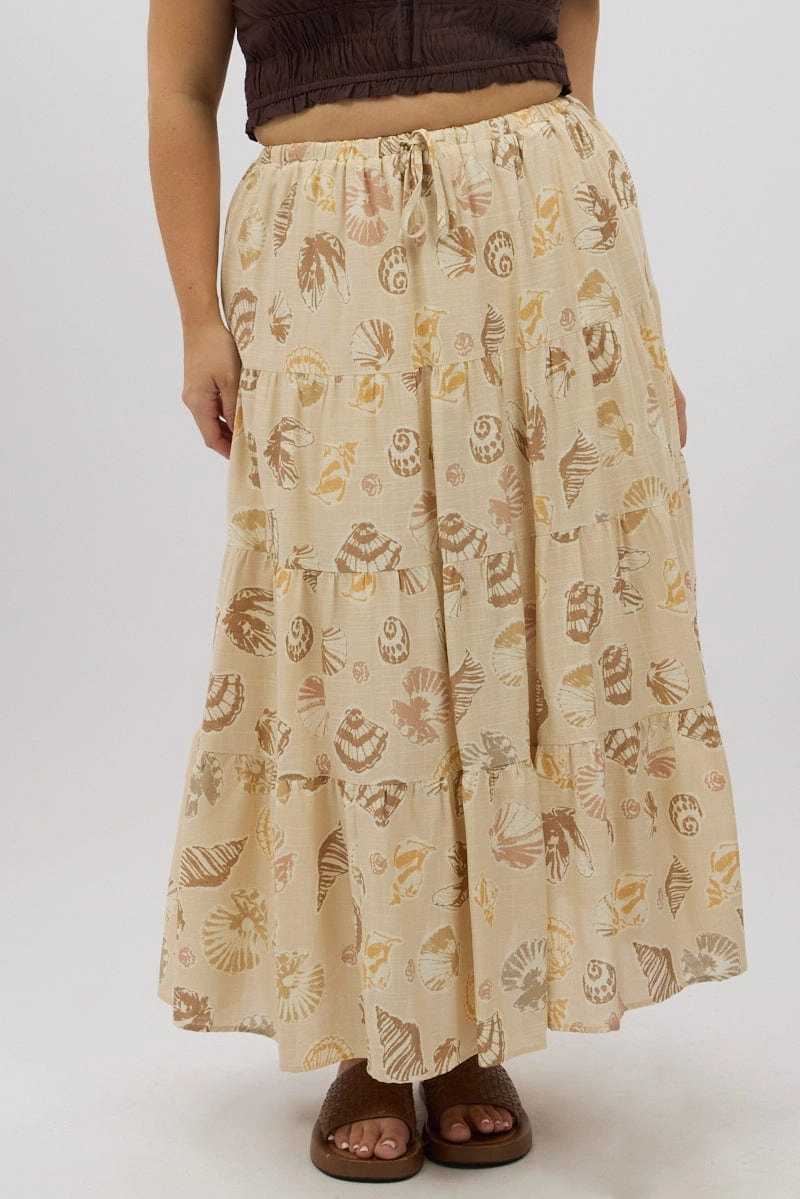 Style Essential Design Detail Beige Abstract Tiered Tie Waist Maxiskirt