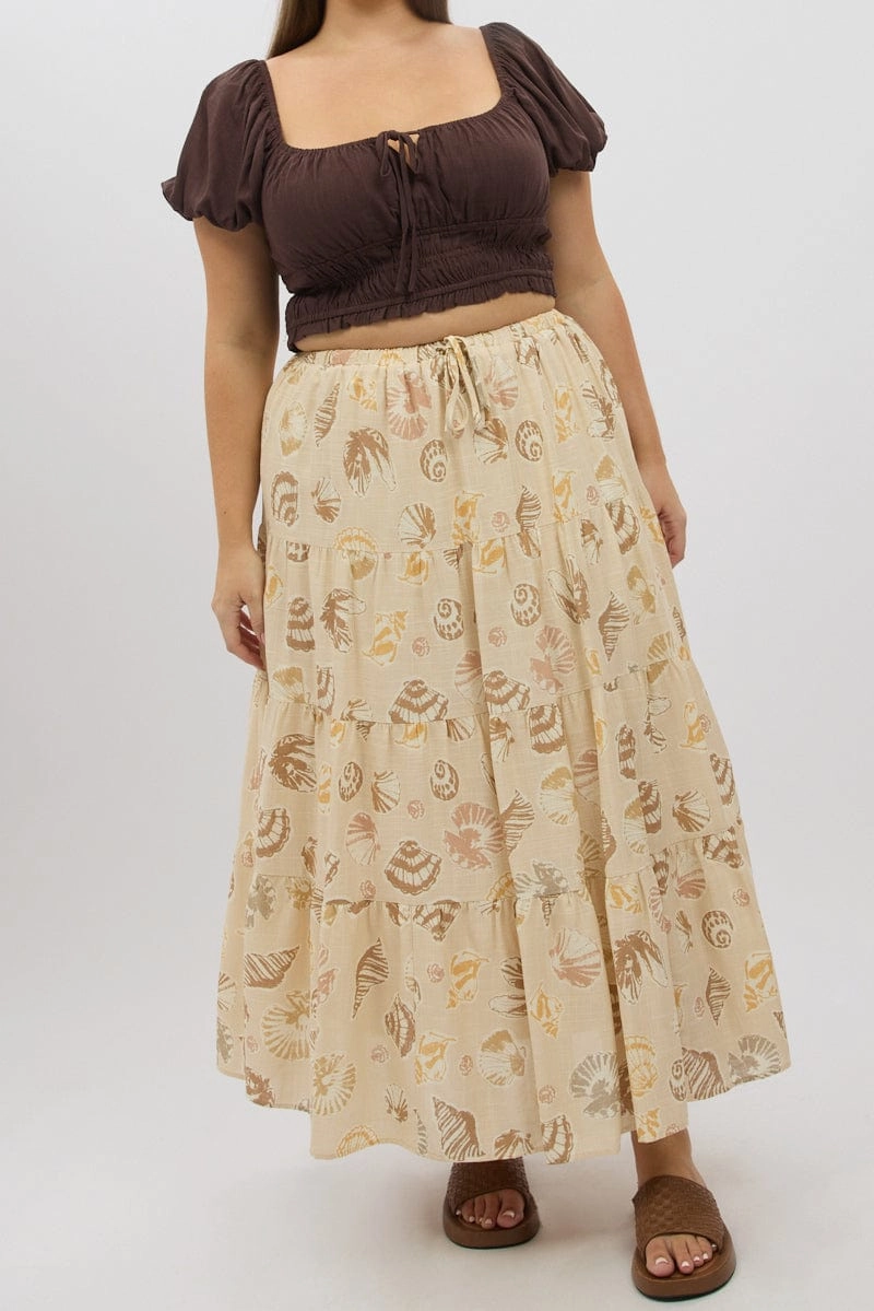 Beige Abstract Tiered Tie Waist Maxiskirt Hand Painted Luxury Finish