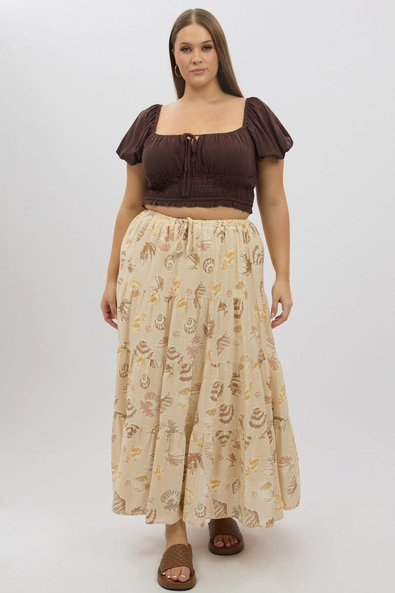 Beige Abstract Tiered Tie Waist Maxiskirt Plus size option