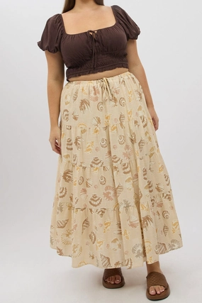 Beige Abstract Tiered Tie Waist Maxiskirt Hand Painted Luxury Finish