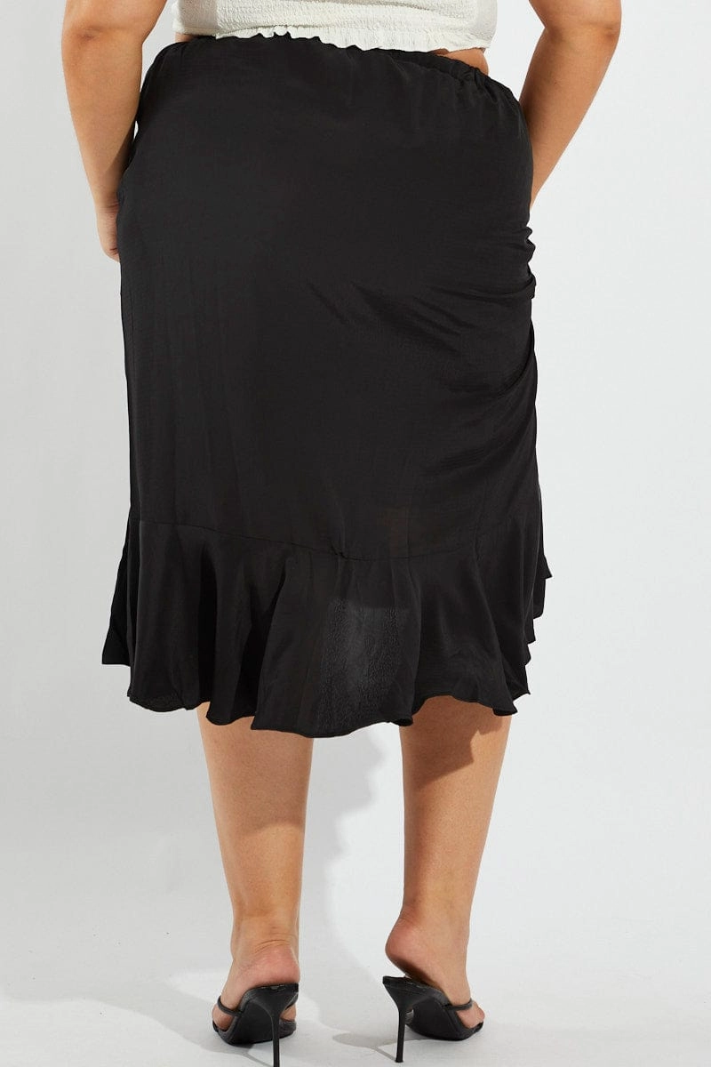 Black Wrap Frill Midi Skirt Airy Feel