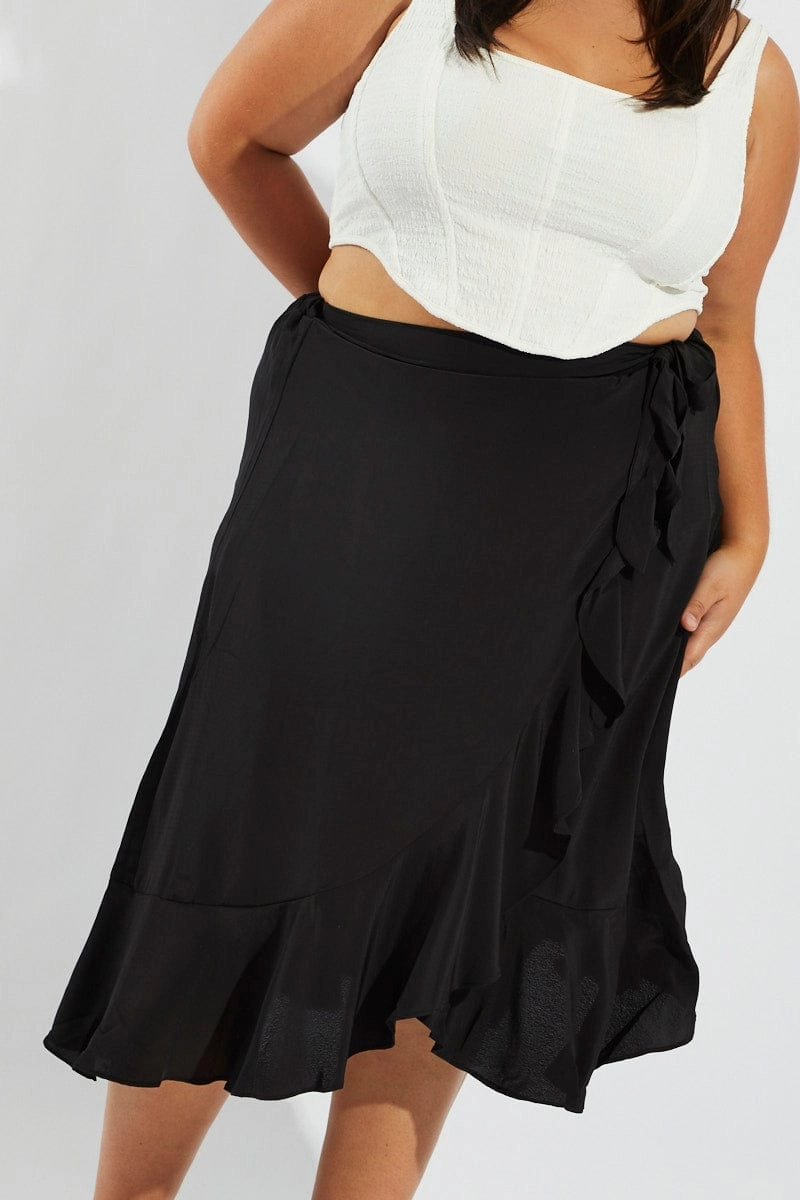 Black Wrap Frill Midi Skirt Sturdy Waistband Erasable Crease