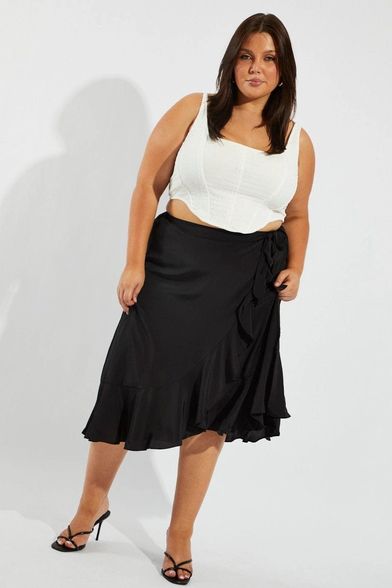 Black Wrap Frill Midi Skirt Editorial Look