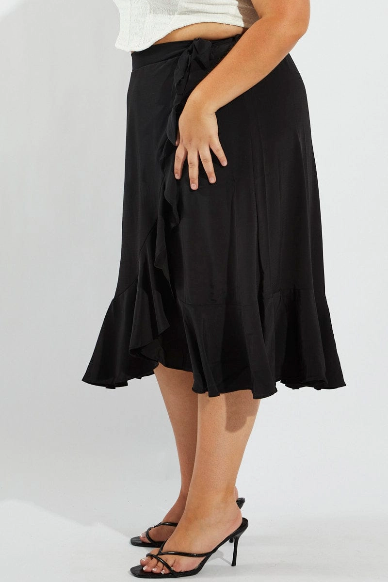 Black Wrap Frill Midi Skirt Tear Resistant Fold Over Design
