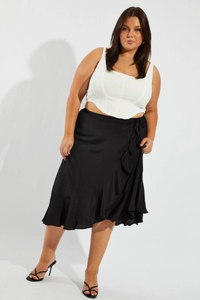 Black Wrap Frill Midi Skirt Editorial Look
