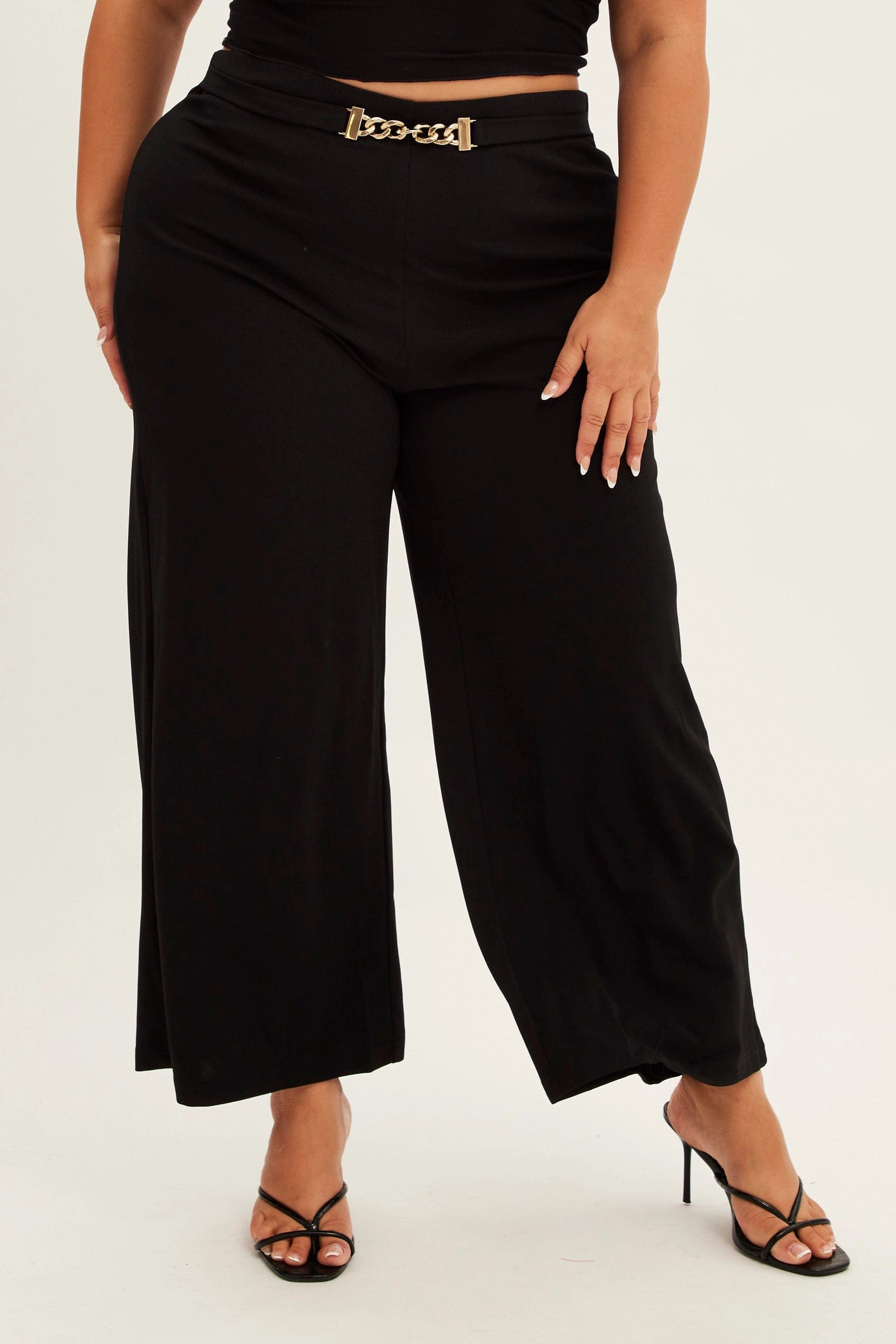 Smooth Finish Black Wide Leg Pants High Rise Chain Belt
