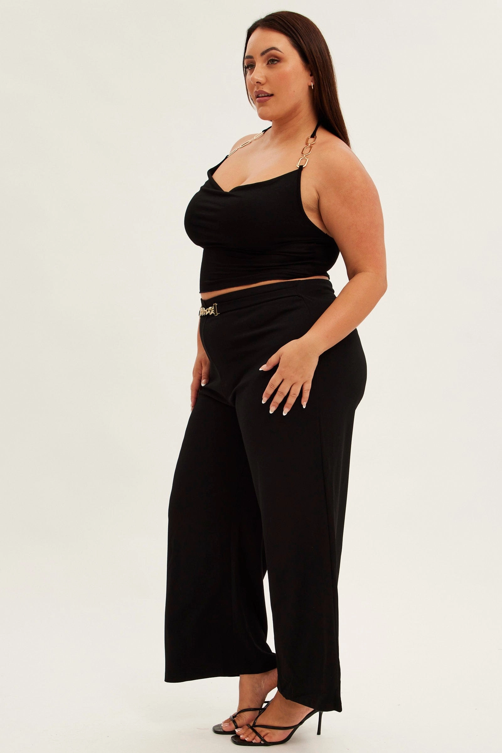 Black Wide Leg Pants High Rise Chain Belt StainResistantCoating