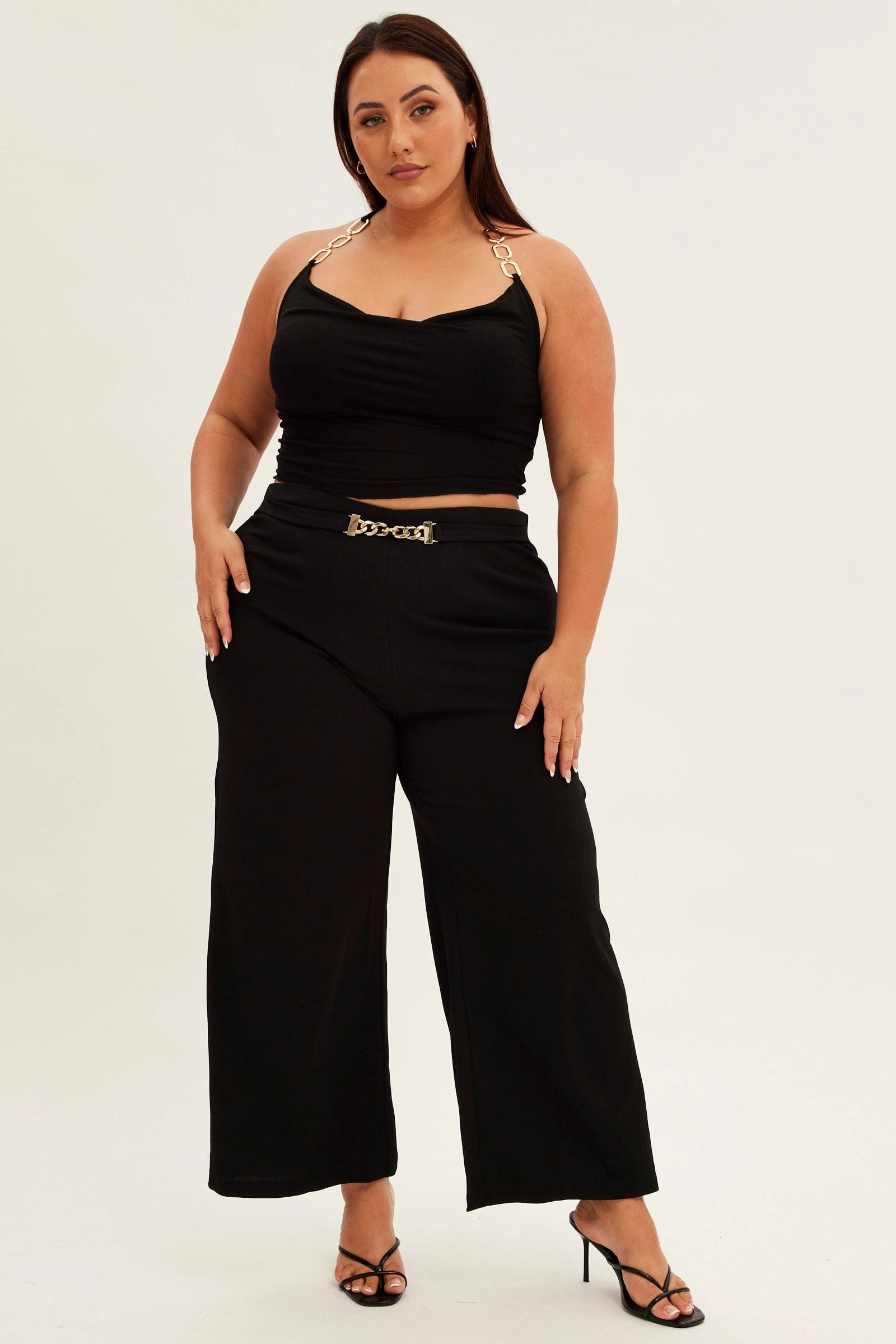 Black Wide Leg Pants High Rise Chain Belt Breathable Comfort Fit Four Way Stretch