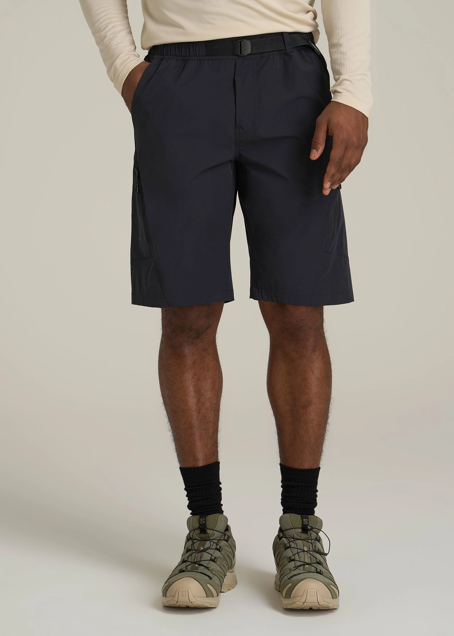 Light Reflective Trim Street Ready 10 Pocket Hiking Short for Tall Men in Black