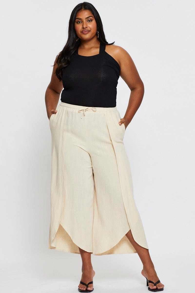 Beige Wide Leg Pants High Rise Elastic Waist Front Split Athletic Fit