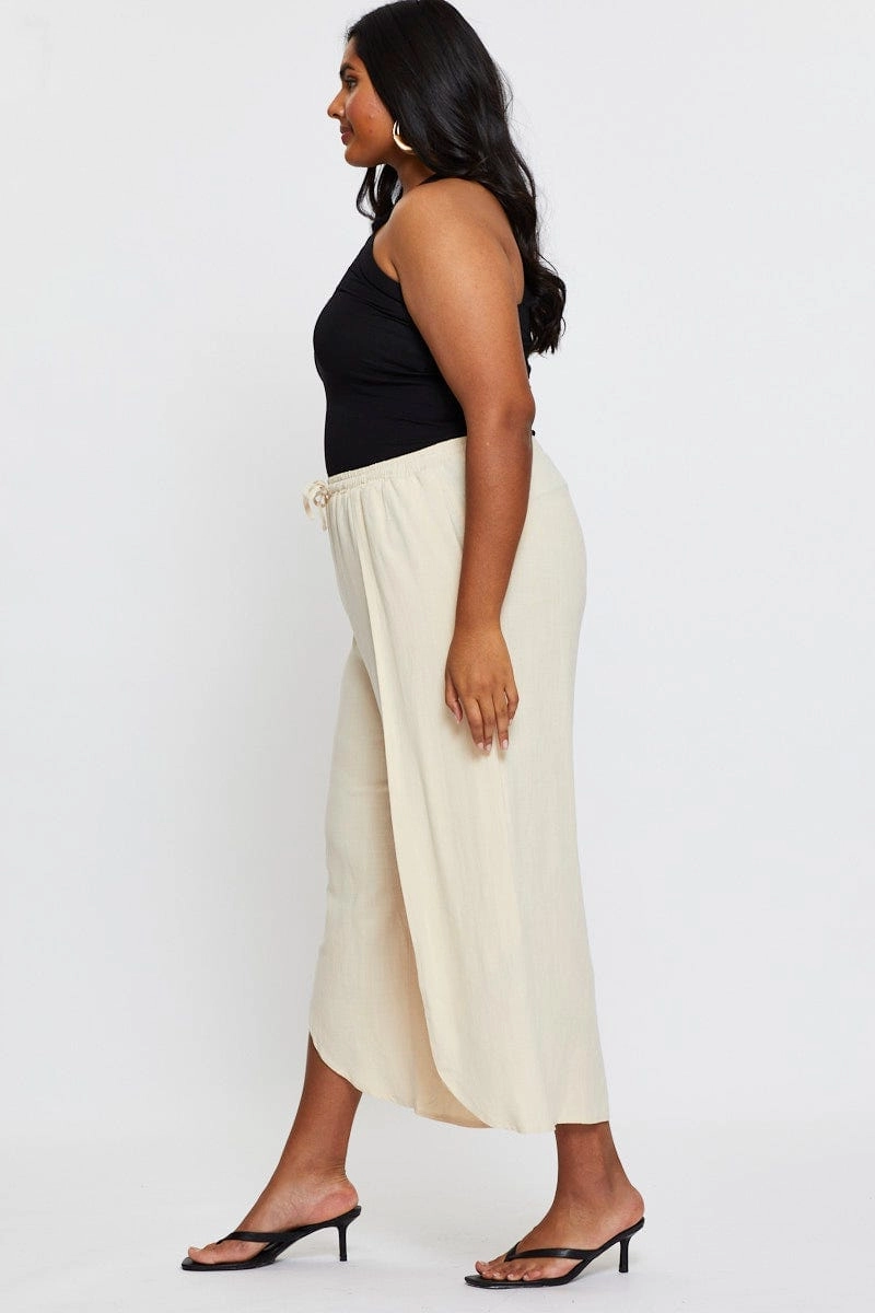 Quick Motion Refined fit Beige Wide Leg Pants High Rise Elastic Waist Front Split
