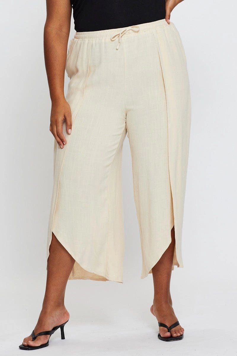 Beige Wide Leg Pants High Rise Elastic Waist Front Split Functional Ease Comfy Feel