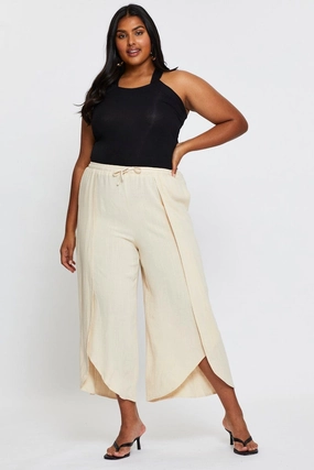 Beige Wide Leg Pants High Rise Elastic Waist Front Split Sophisticated Look Sleek and Soft