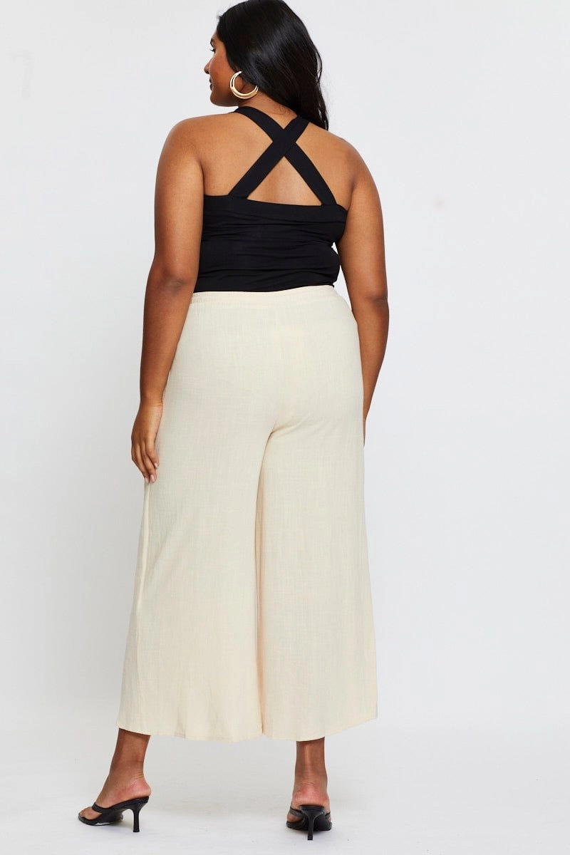 Soft Design Casual Movement Beige Wide Leg Pants High Rise Elastic Waist Front Split