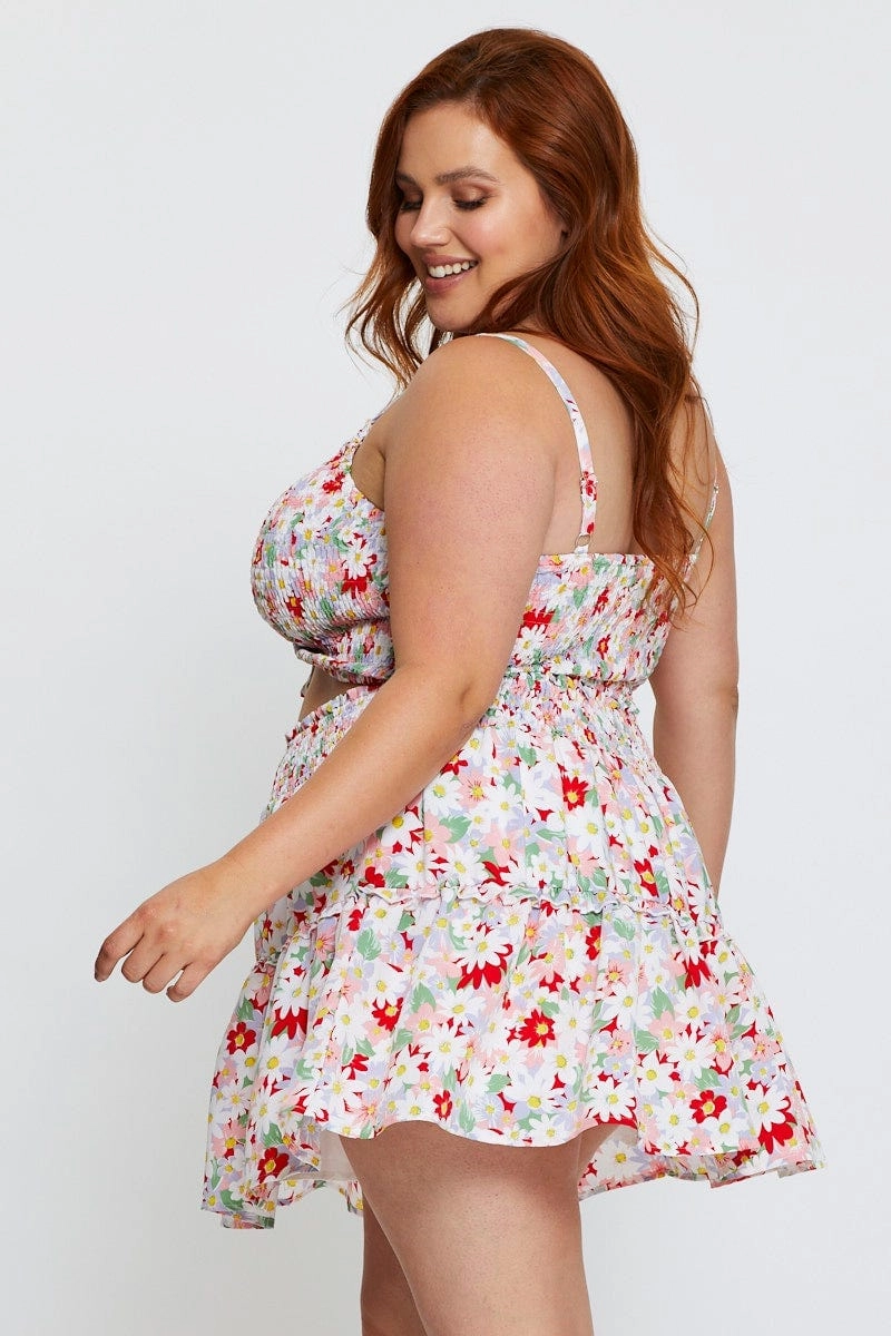 Floral Print Mini Skater Skirt Ruffle Hem lace accents