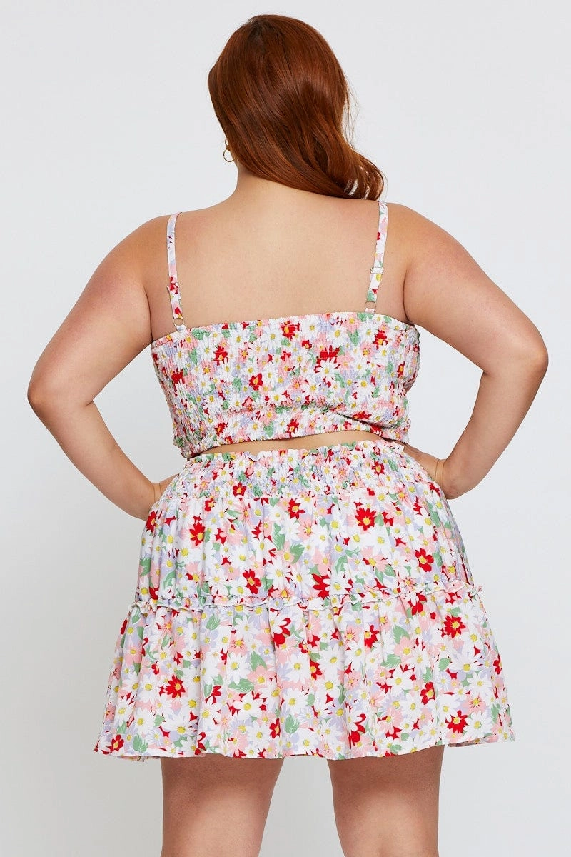 Creative Look Floral Print Mini Skater Skirt Ruffle Hem