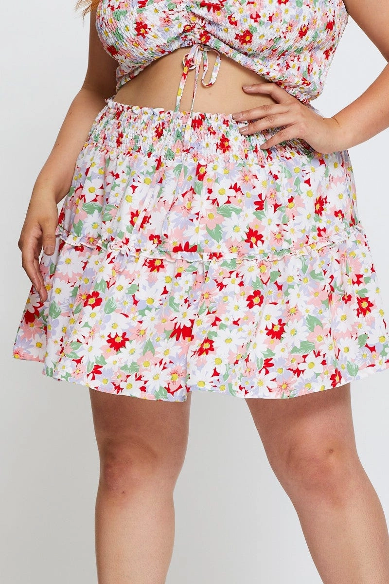 Midi length Tapered Cut Floral Print Mini Skater Skirt Ruffle Hem
