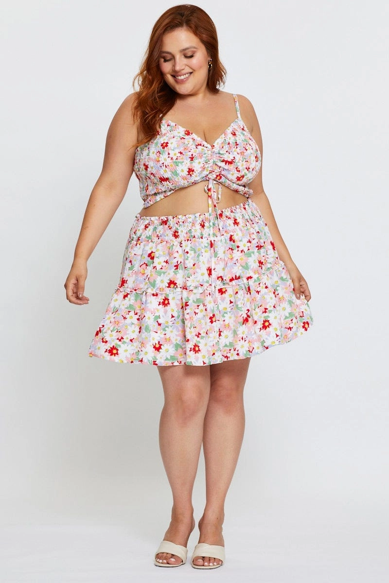 High Street Chic Autumn Stroll Floral Print Mini Skater Skirt Ruffle Hem