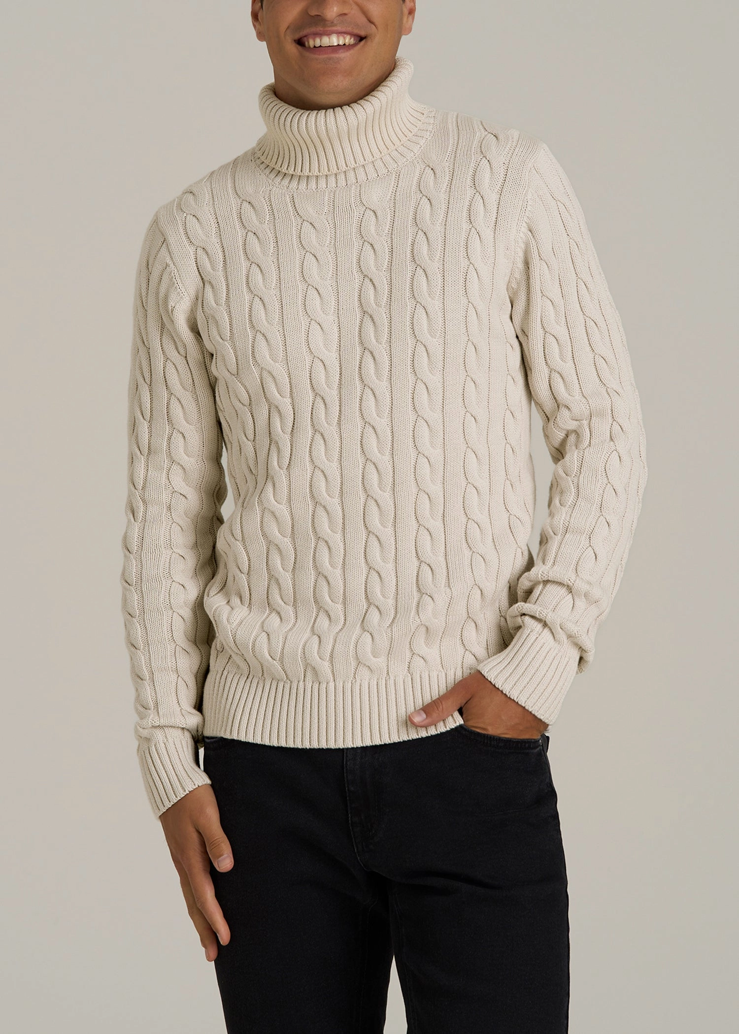 wrinkle free Cable Knit Turtleneck for Tall Men in Soft Beige