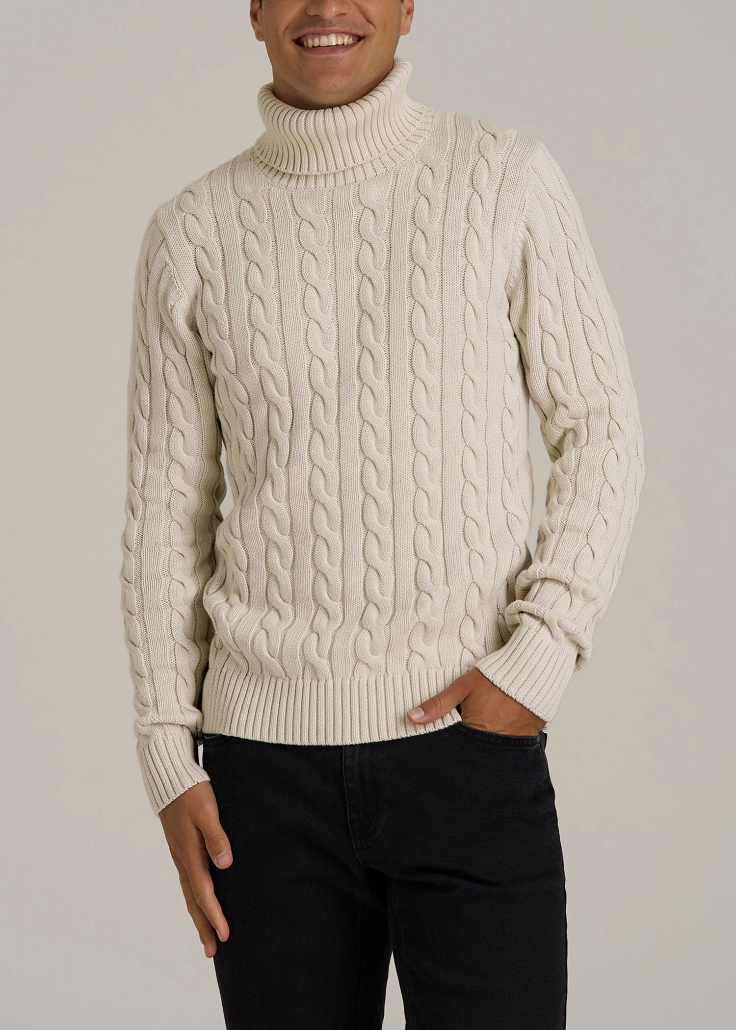 Zippered Pocket Cable Knit Turtleneck for Tall Men in Soft Beige