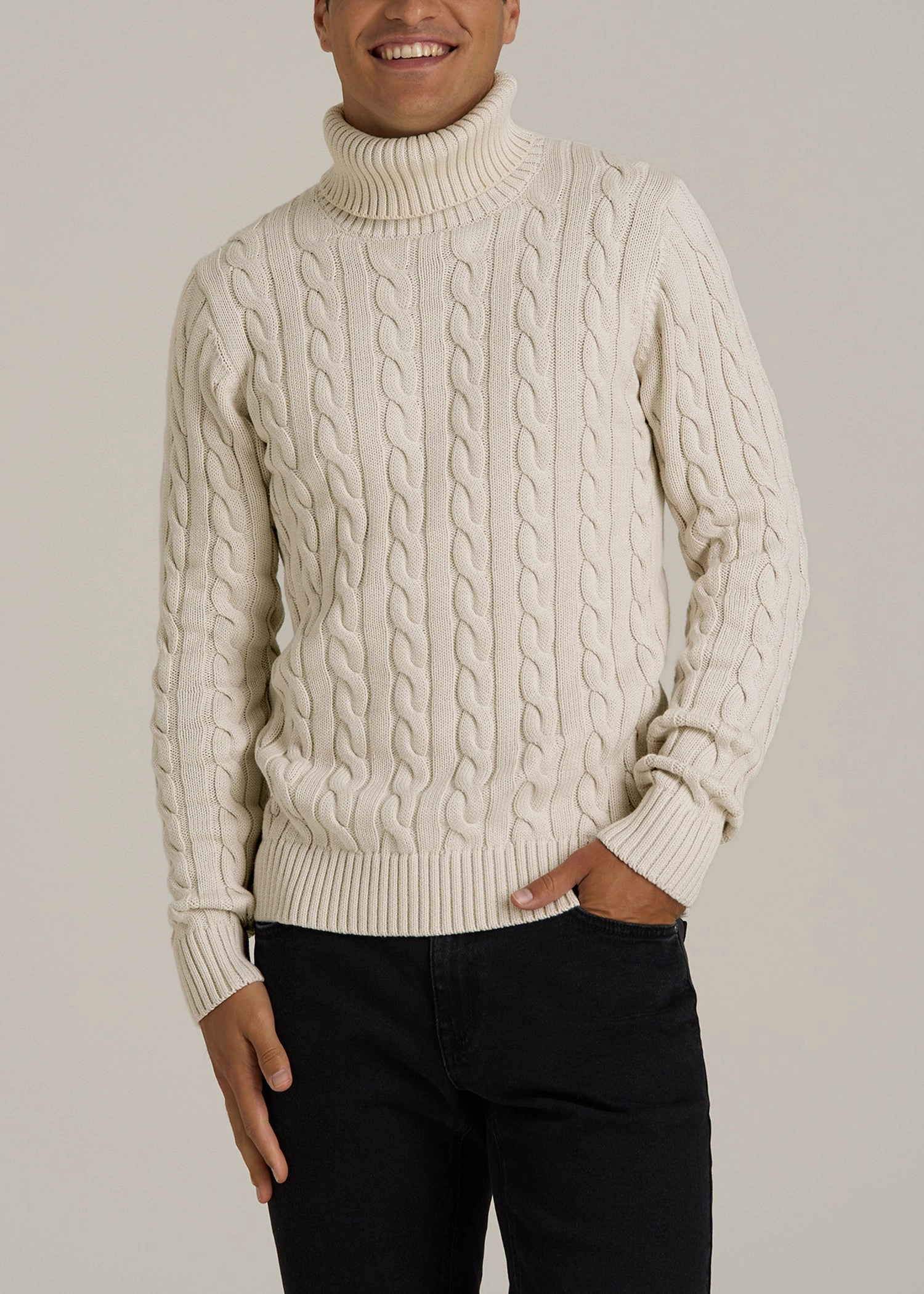 Versatile Look Fashion Trend Cable Knit Turtleneck for Tall Men in Soft Beige