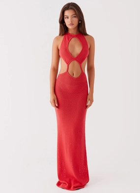 summer breeze Stylish Waist Fit Caicos Crochet Maxi Dress - Red