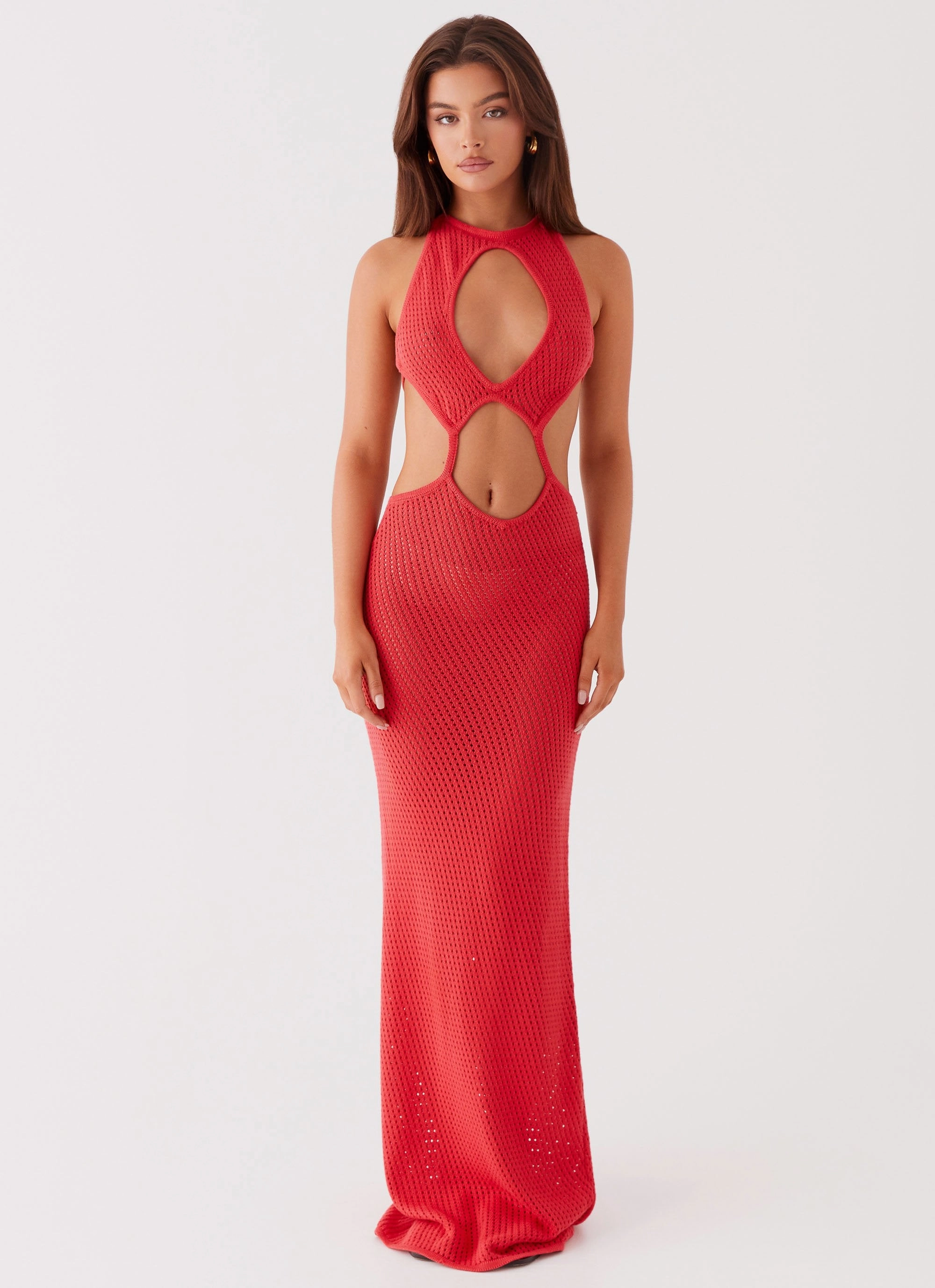 summer breeze Stylish Waist Fit Caicos Crochet Maxi Dress - Red