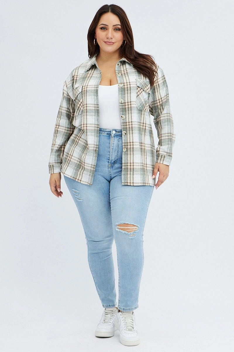 Camel Check Relaxed Shirt Long Sleeve Shacket UV Protective Fabric Lightweight texture
