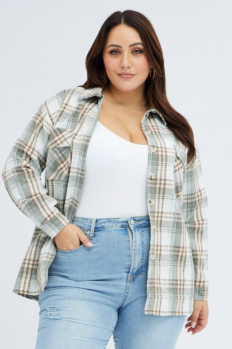 Camel Check Relaxed Shirt Long Sleeve Shacket Street Chic Geometric Design