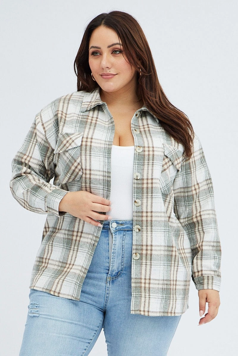 Camel Check Relaxed Shirt Long Sleeve Shacket Tailored Silhouette