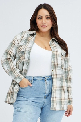 Camel Check Relaxed Shirt Long Sleeve Shacket Street Chic Geometric Design