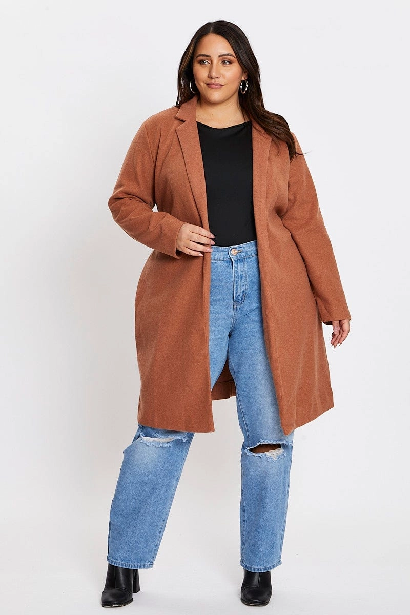 Recycled Polyester Camel Long Sleeve Beige Stretch Classic Coat