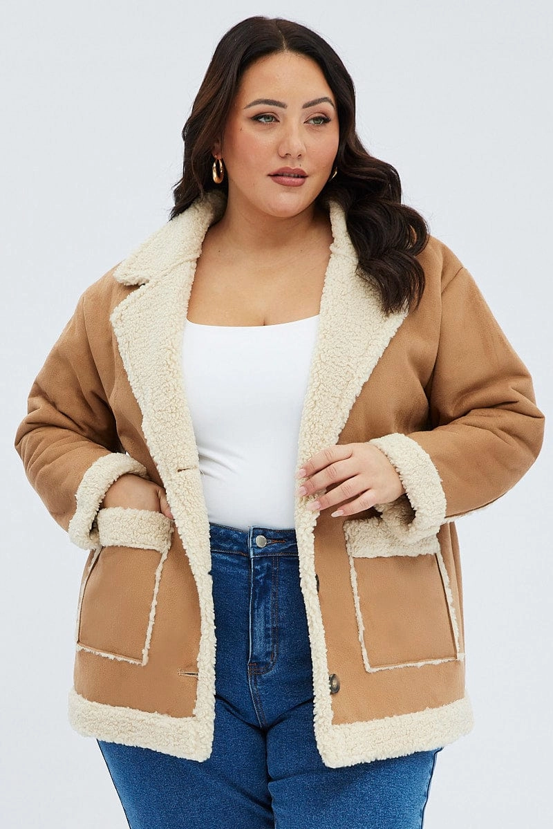 Multi Purpose Loops Camel Shearling Coat Faux Suede