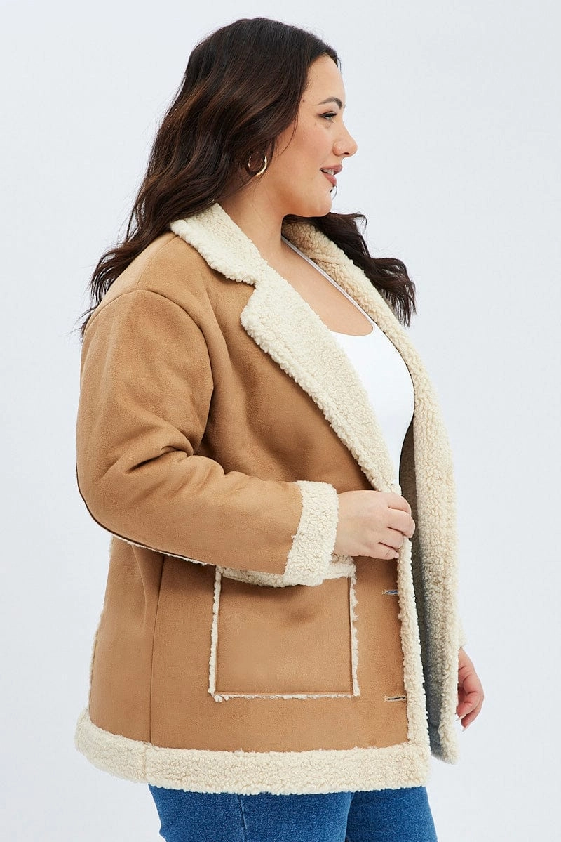 Casual Chill Look Camel Shearling Coat Faux Suede